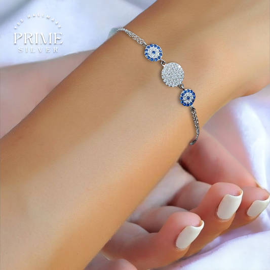 Silver Evil Eye Shield Adjustable Bracelet - 925 Silver