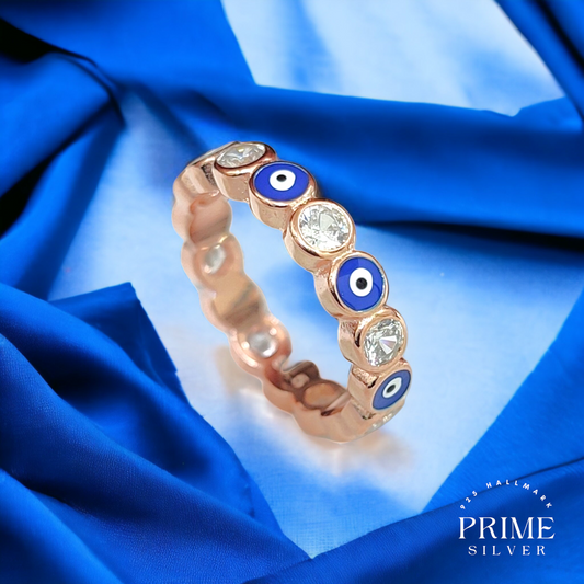 Rose Gold Studded Evil Eye Band Ring - 925 Silver