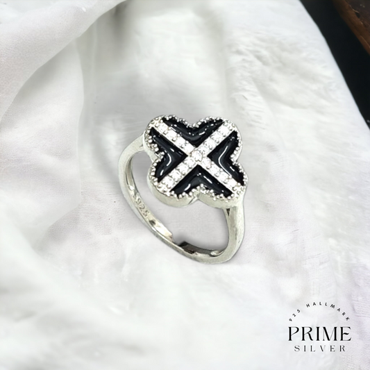 Silver Black Enamel Clover Ring - 925 Silver
